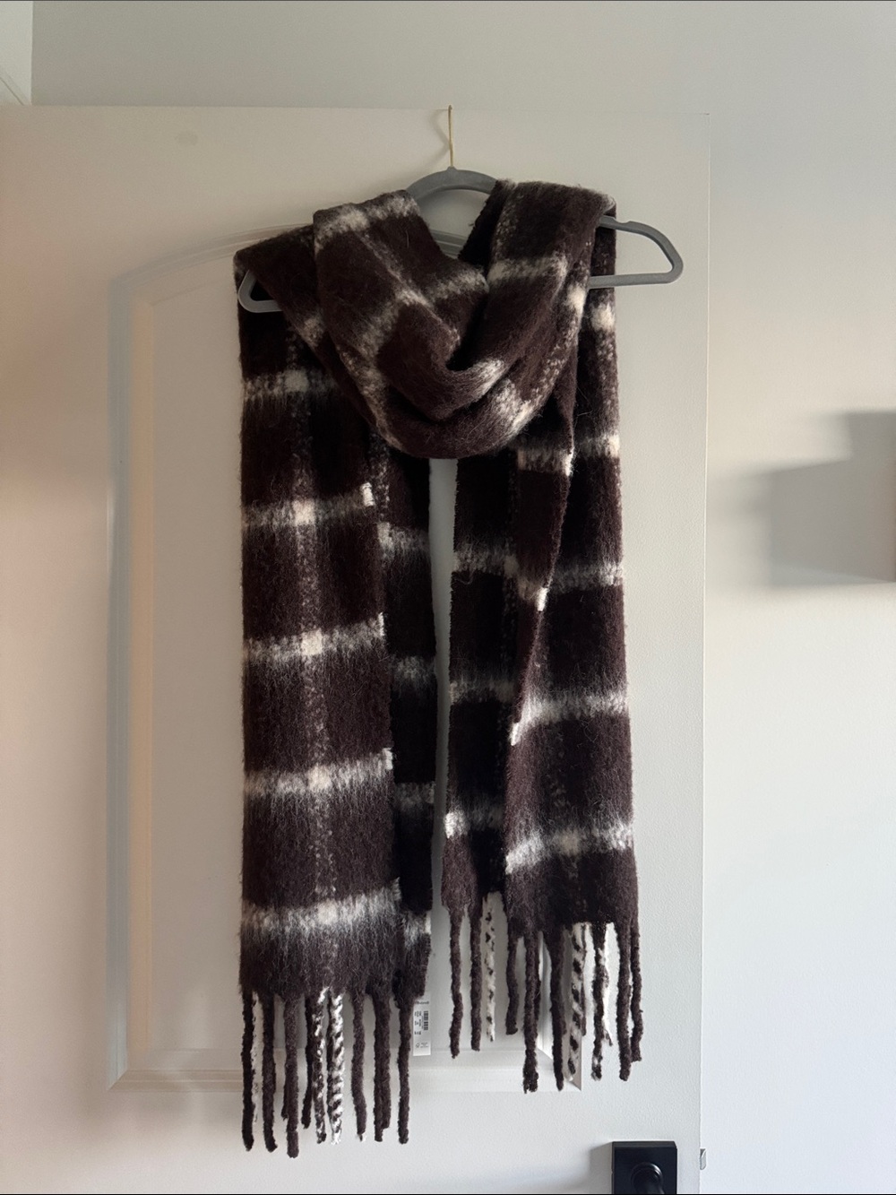 Madewell Brown and White Plaid Fringe Scarf
